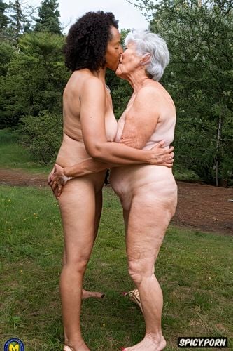 medium body short, one caucasian, two grannies, kissing the other woman s crotch