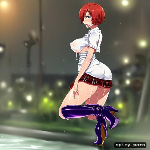 perky tits, seductive, skinny body, carnival, white lady, tartan mini skirt