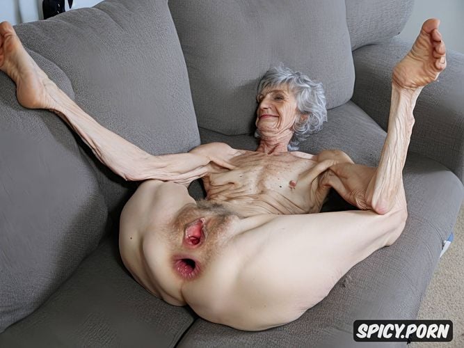 grey hair, ninety, very old granny, pale, spreading hairy pussy