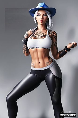 tattoos, ashe overwatch beautiful face full body shot, topless