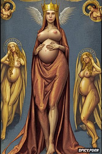 altarpiece, pregnant, halo, masturbating, holding a small ball