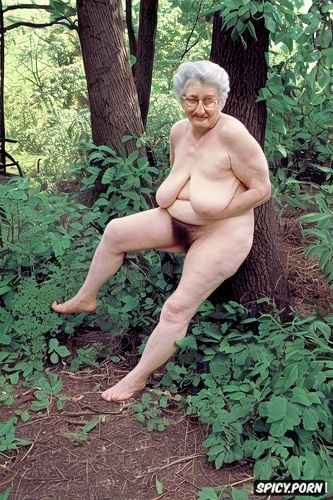very old granny, very hairy pussy, pale skin, hanging tits, curvy