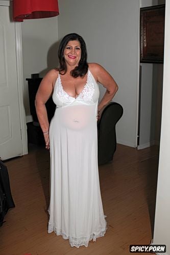 wearing a sleeveless white color sheer night gown, she smile
