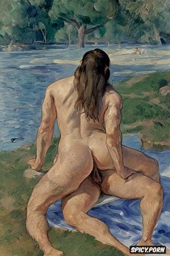 thick body, manet, egon schiele painting, near the pond, cézanne
