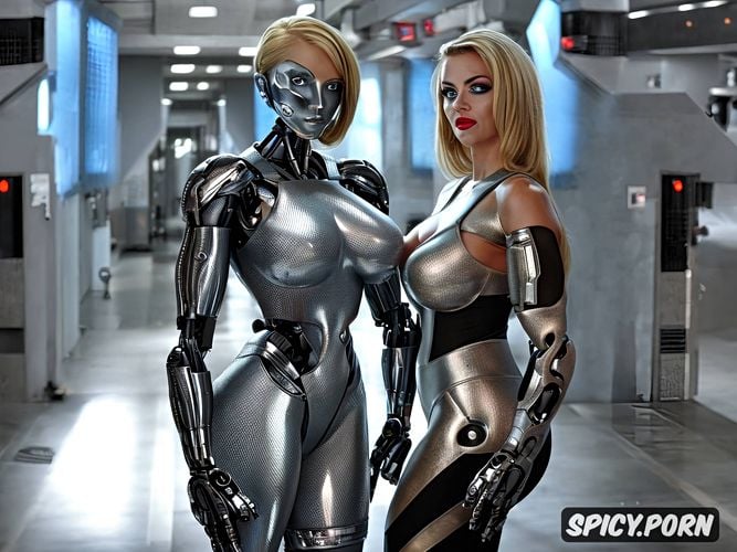 sexy blonde robot, fully metallic body, huge tits, damaged robotic arm