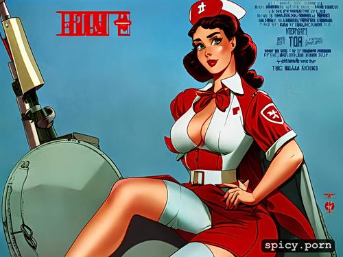 ussr army uniform, small cute boobs, pinup propaganda poster art of a seductive soviet nurse