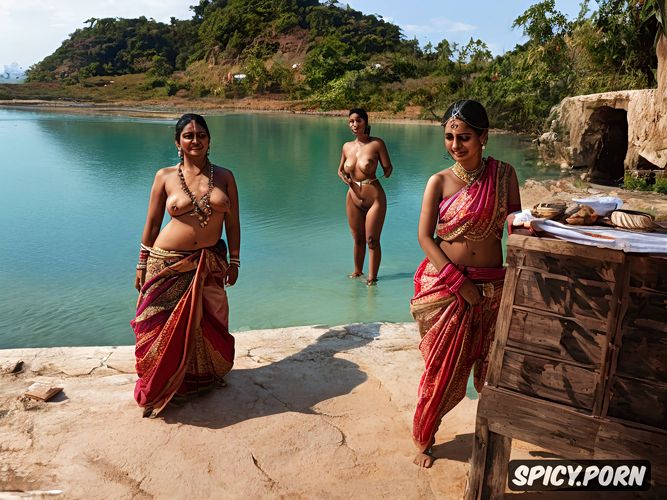 three indian villager women with incredibly motherly natural bodies are completely naked and open their vaginas in the kitchen
