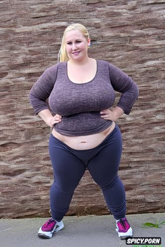 super fat, small breasts, fat belly, velvet sweat pants, blonde ponytail