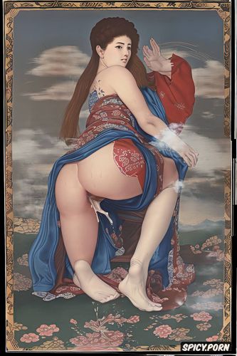 unveiling her ass, flat painting japanese woodblock print, smoke