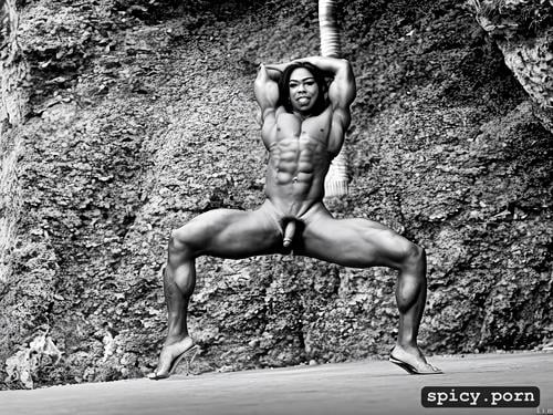 flexing arms, huge muscles, brown skin, ladyboy, outdoor, nude