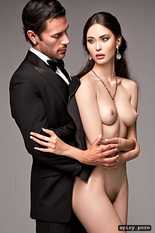 full body shot, necklaces and earrings, mr and mrs country club naked portrait