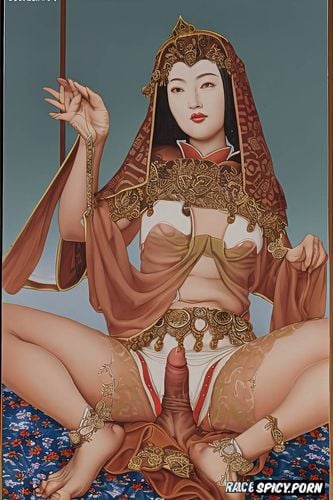 thick thai woman, carpet art, blue coat, brown hair, flat painting japanese woodblock print