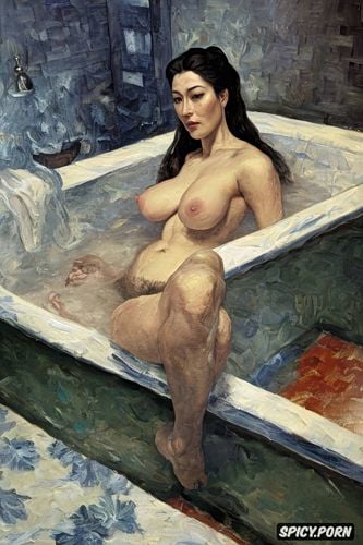 touching breasts tiled bathing, elderly woman, dark fantasy