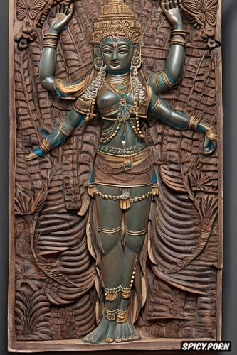 mini skirt, saggy tits, long arms, full body in frame, indian godess wood carved relief indian godess wood carved relief
