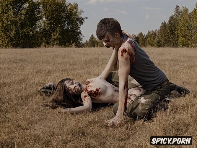 shaved pussy, she kneels down, naked, brown hair and eyes, sucking zombie dick