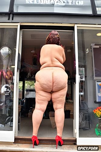 curvy body, bulging ass, fat old woman naked in front of a shop window full of dildos and inflatable dolls