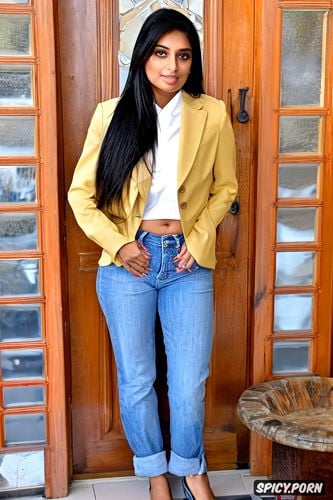 a young typical dusky indian waitress in america, wearing casual american clothes