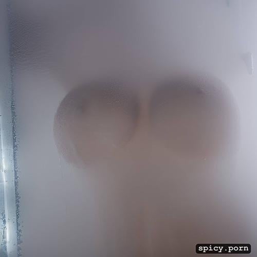 visible nipples, a towel1 3, highres, a redheaded nude woman showering behind a pane of glass
