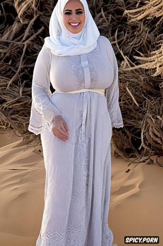 wearing traditional abaya dress, massive boobs, not naked at desert