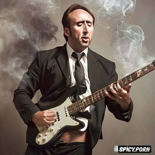playing bass, short hair, fog, steam, nicolas cage, fender bass commercial