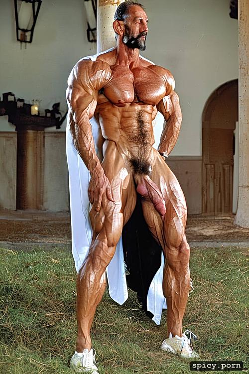 muscular calves, he is super tall more then 2 meters, v shaped wide back