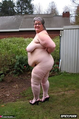 an old fat woman naked with obese ssbbw belly, side view, wearing white see through long briefs