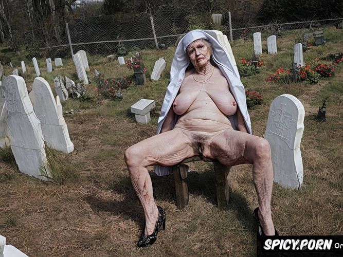 very old granny, zombie, cemetery, catholic nun, huge tits, big breasts