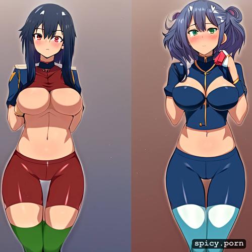 18 years old woman cute blue blackish hair color dark red pink heart eyes athletic green tan military uniform curvy name sign linsey on uniform blushing smliling dark blue tigh high stockings