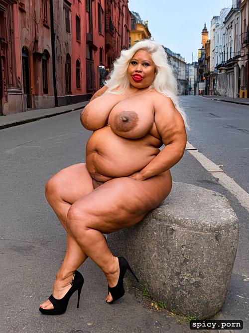 obese lady, hand in the pussy, in the street, long white hair