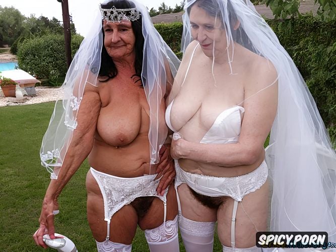 premium ai generated image, happy grandmom and teen bride, garters