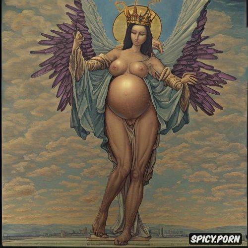 virgin mary nude, crown radiating, halo, holding a globe, masturbating