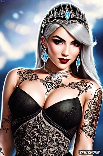 tattoos masterpiece, ultra detailed, ashe overwatch beautiful face young tight low cut black lace wedding gown tiara
