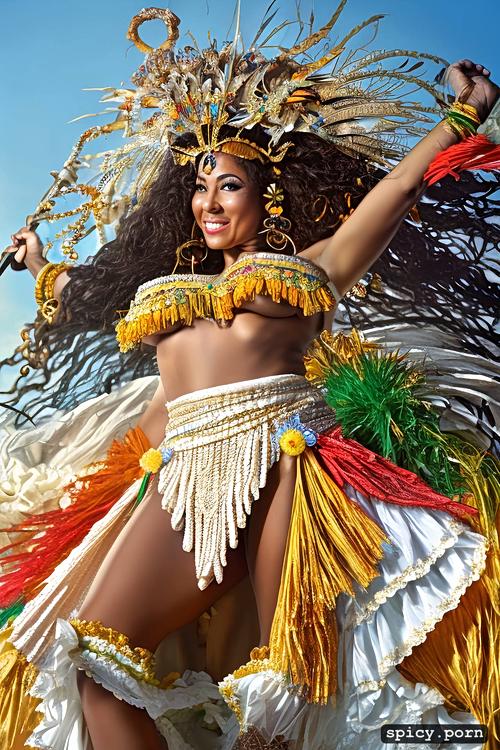 intricate beautiful dancing costume, 70 yo beautiful white caribbean carnival dancer