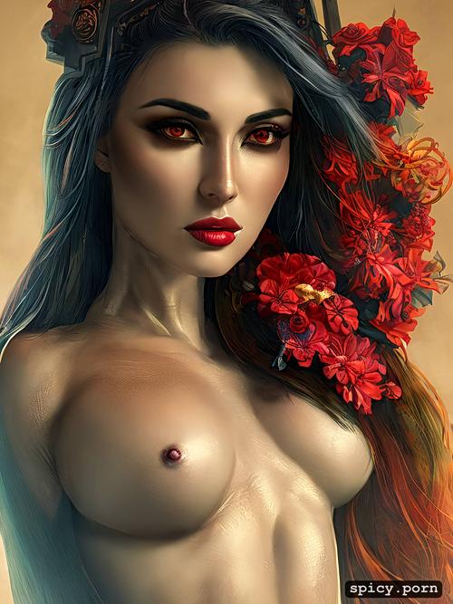 goddess, silk, gold, red flower, fine art, red paint, garnet