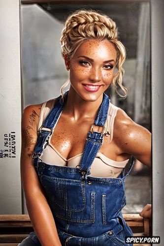 work goggles, extremely shredded abs, denim overalls, perky nipples