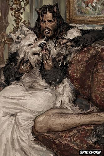 hairy furry wolf beast, husband and wife on couch, open mouth