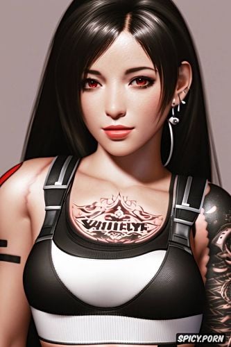 high resolution, ultra detailed, tifa lockhart final fantasy vii remake beautiful face young tattoos small perky tits tight white sports bra and black leggings masterpiece