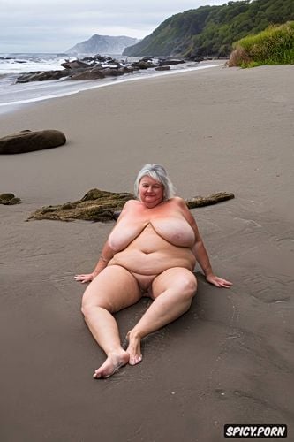 on a beach, huge saggy breasts, gigantic huge wide hips, obese