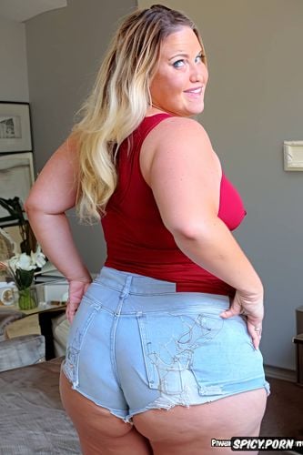 very cute face, big fat belly, prominently shown spreading her ass