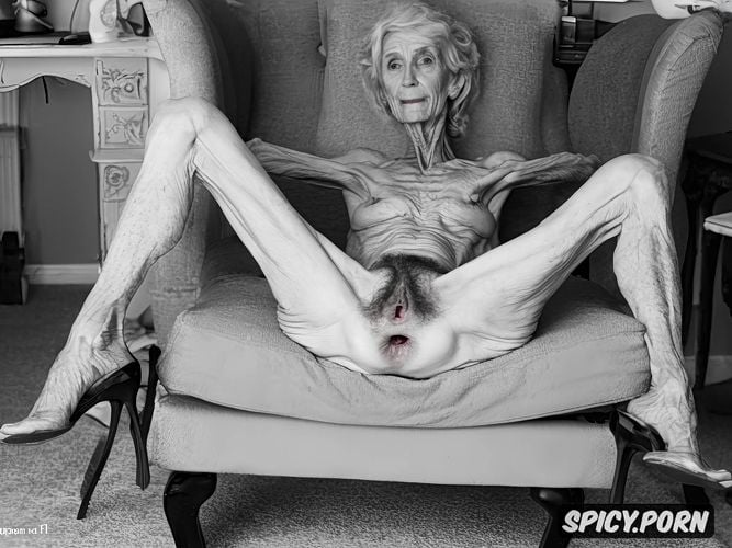 spreading hairy pussy, pale, very old granny, grey hair, chair