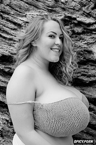 breast expansion, beach, gorgeous bbw woman, laughing, perfect symmetric face