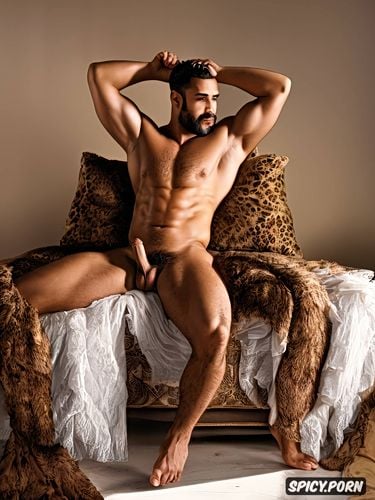 black hair, he is sitting on a chair, bodybuilder, hairy athletic body