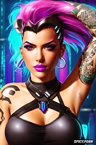 tattoos, topless, high resolution, k shot on canon dslr, sombra overwatch beautiful face full body shot