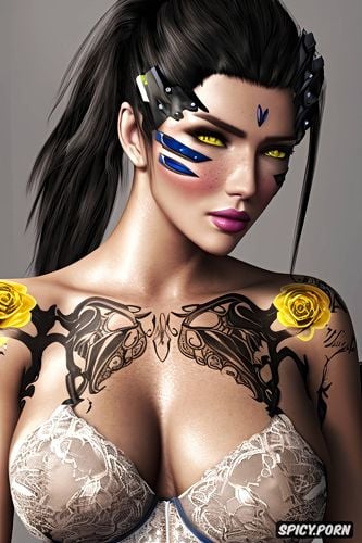 high resolution, widowmaker overwatch beautiful face young sexy low cut soft yellow lace lingerie
