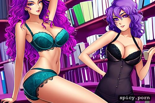 library, purple hair, long legs, pretty face, exotic woman, bra