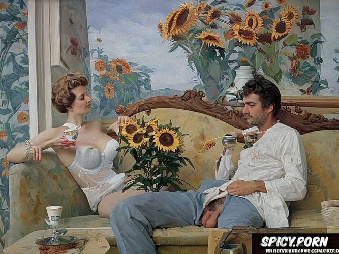 drinking coffee, impressionism painting, cat, sunflowers, milk dripping from hairy vagina