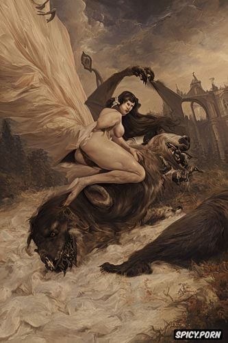 nude, pyotr krivonogov, victorian gown, riding on a giant running beast