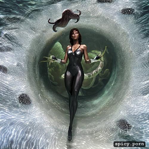 extremely detailed, reporteuse ebonique, bimbo, underwater scenario in the barriere reef