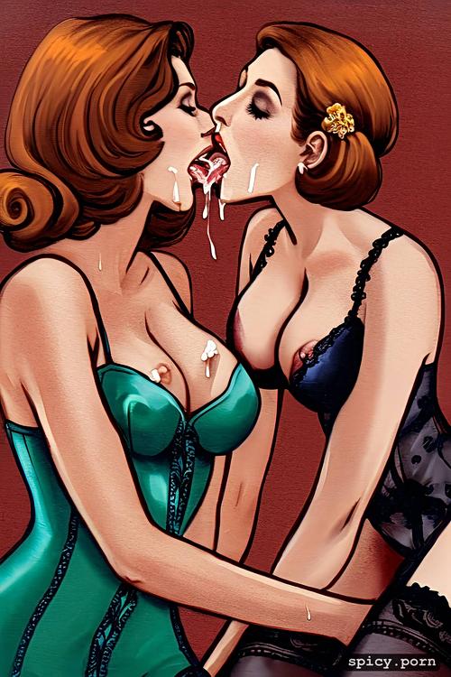 two women, 1950s housewife, close up kissing, auburn hair, cum swapping