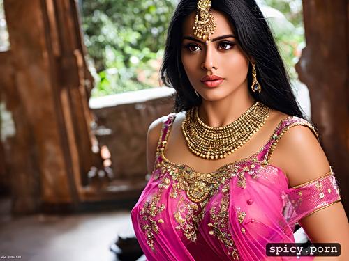 boobs out, saree around waist, gorgeous face, ultra realistic